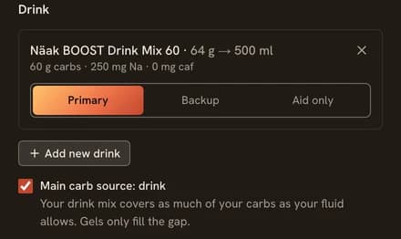 Race plan kit: a drink mix set as Primary, with "Main carb source: drink" switched on below it