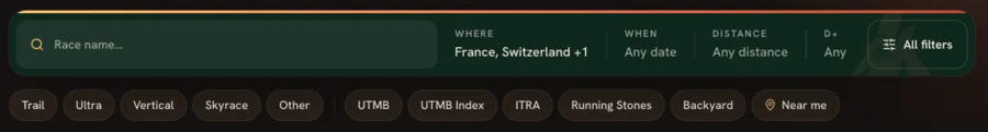 Explore filter bar with race search, Where, When, Distance and D+, plus quick chips for disciplines and labels