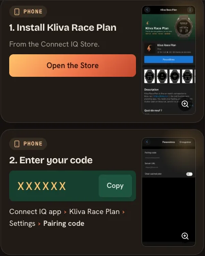 Watch setup guide: step 1 installs Kliva Race Plan from the Connect IQ Store, step 2 shows the pairing code to enter