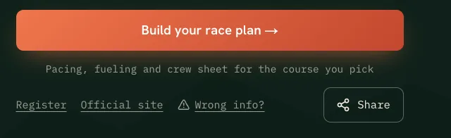 Race page header with the Wrong info? link next to Register and Official site